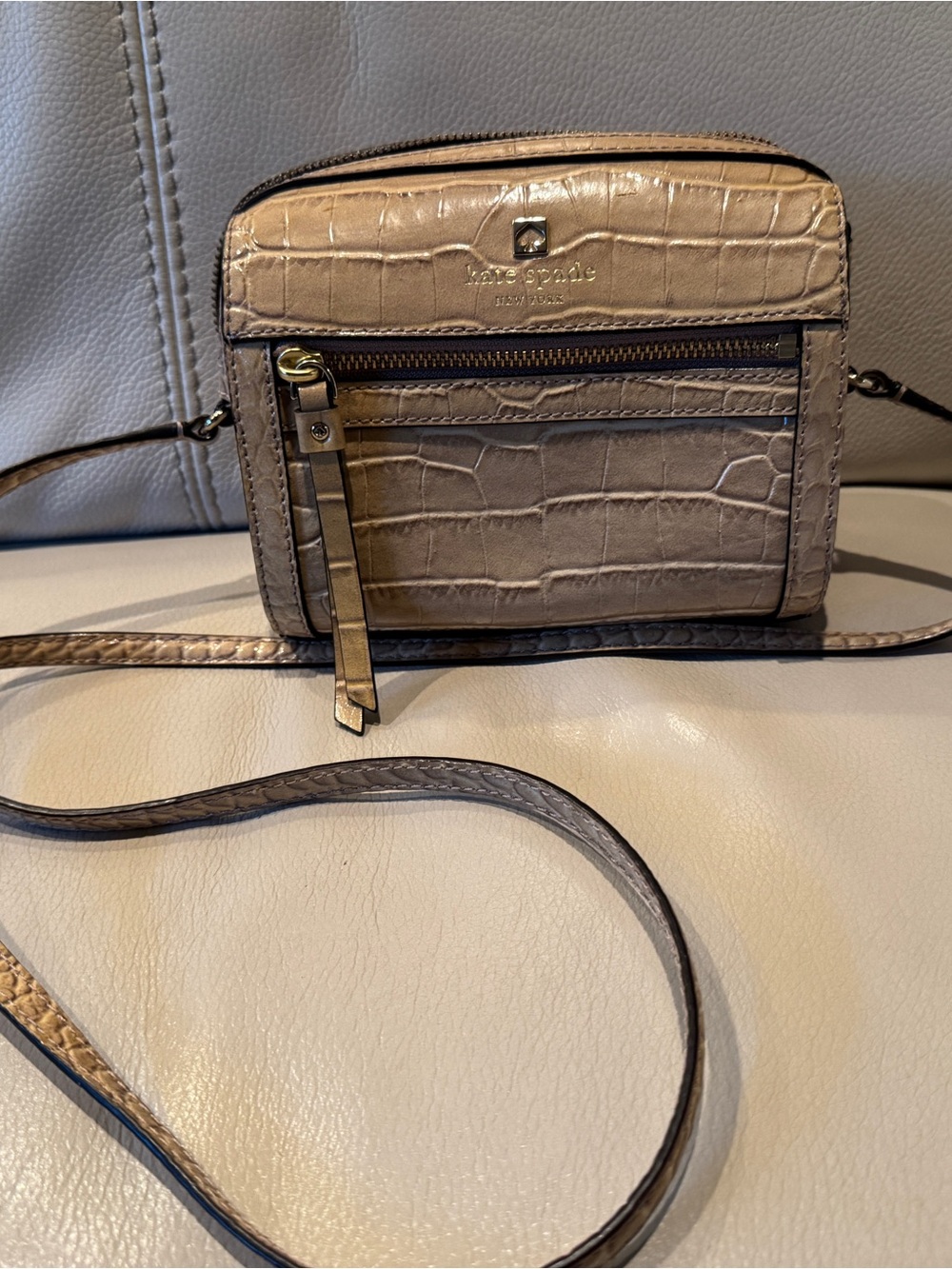 kate spade Taupe Croc-Embossed Leather Crossbody